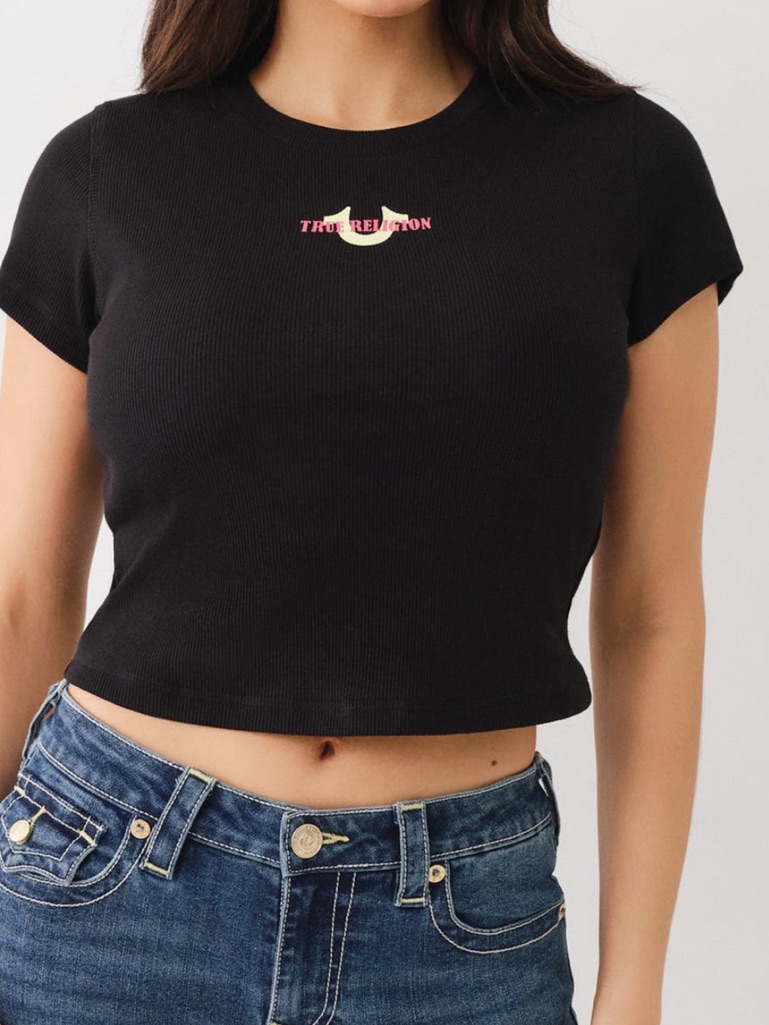 True Religion Jet Black Baby Tee With Subtle Logo Accent